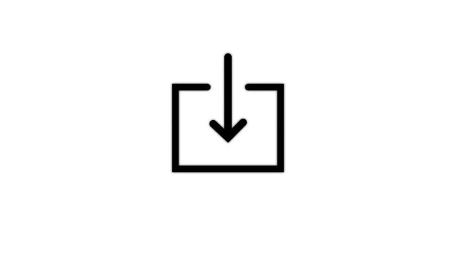 Minimalist download animation: simple black arrow pointing down into box for web UI and digital interface,4k video.