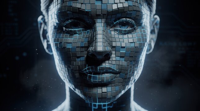 A futuristic cybernetic face composed of digital tiles, glowing with blue light, symbolizing artificial intelligence and advanced technology.