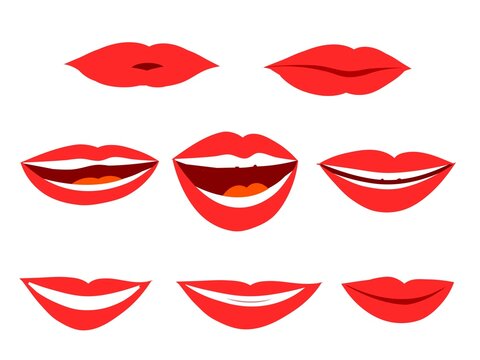 Red cartoon lips and mouth expressions vector illustration set