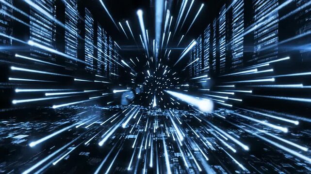 Abstract digital background with glowing light streaks and data processing visualization in a dark server room environment