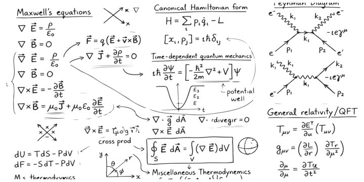 Handwritten physics and mathematics equations with feynman diagrams on a page