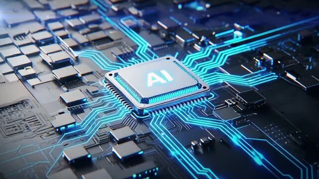Dynamic animation of a futuristic AI chip with glowing blue circuit board connections, representing artificial intelligence and technology.