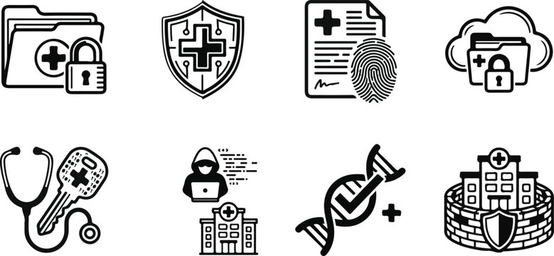 Set of black and white icons for medical data security healthcare cybersecurity protected health information and hospital privacy