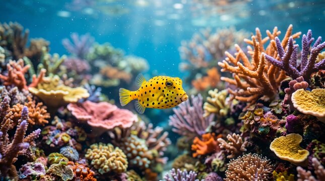 Vibrant yellow boxfish swimming among colorful coral reef underwater