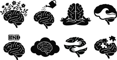 Obraz premium Set of conceptual brain icons representing mental health awareness psychology mindfulness cognitive function and emotional well-being in minimalist style