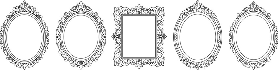 Obraz premium Collection of Five Ornate Black and White Decorative Frames