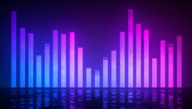 Vibrant vertical neon gradient equalizer bars in abstract digital audio visualization with glowing blue and purple light effects on dark background