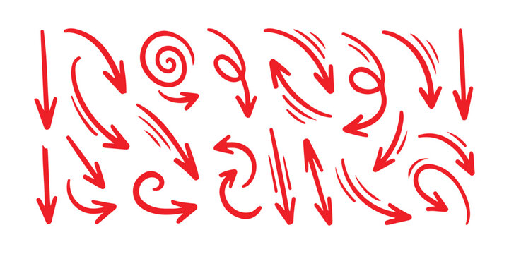 Set of hand drawn red arrows with motion lines for design elements and pointing directions