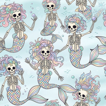 Surface pattern design featuring skeletal mermaids with iridescent tails and pearls swimming in ocean with bubbles and fish for fantasy underwater theme.