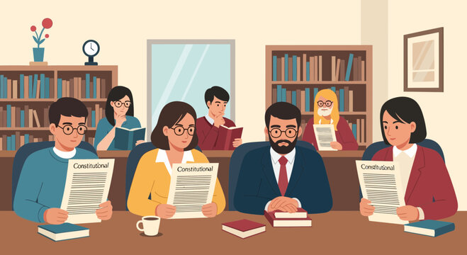 Diverse group of people diligently reading and studying constitutional documents in a library setting, representing civic engagement and legal knowledge.