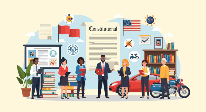 Diverse group of professionals discussing the US Constitution with American flag and legal symbols