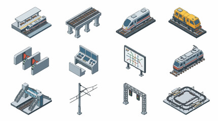 Isometric collection of railway and transportation elements, including trains, stations, and control systems. © Lucas