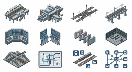 Isometric Pixel Art Set of Railway Station and Transportation Elements. © Lucas