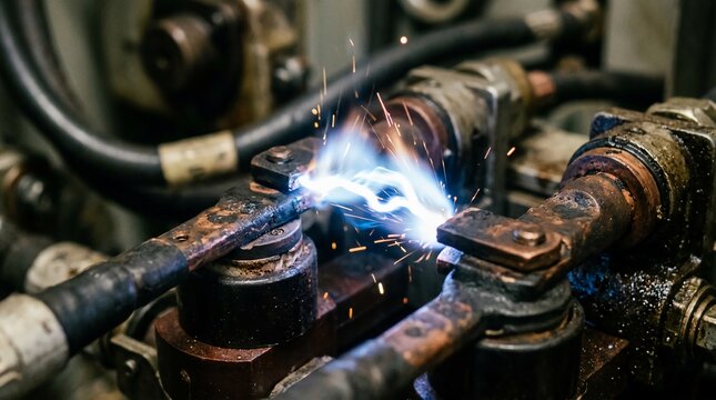 Electric arc welding sparks fly from metal connection