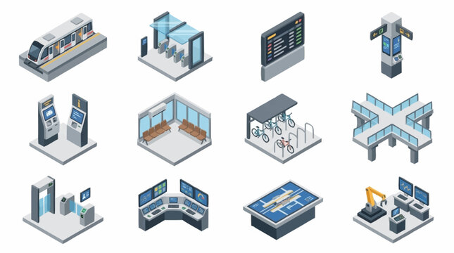 Isometric illustration of modern transportation and technology elements.