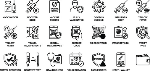 Vector solid icon set of digital health passport immigration travel requirements elements vaccine record verification covid compliance and tracking wallet widgets © Fahim Abrar