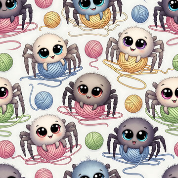 Cute cartoon spider character pattern playing with colorful yarn balls on white background for nursery fabric textile design and children wallpapers.