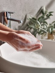 Fototapeta premium Close Up of Hand Washing with Soap Foam for Cleanliness