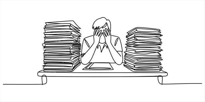 Stressed person overwhelmed by stacks of paperwork sitting at a desk with hands on face Vector, illustration