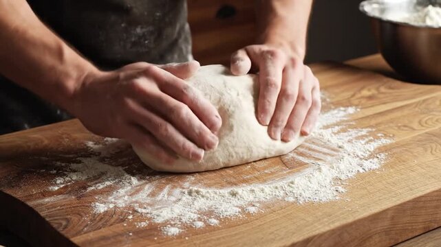 Close-up of a person's hands kneading fresh dough on a wooden board with flour in a home kitchen, preparing for baking.