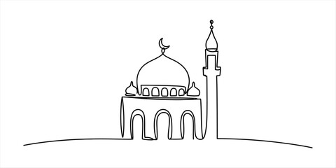 Simple line drawing of a mosque with a dome and minaret, islamic architecture, single line art style Vector, illustration © Pabon Art Gallery