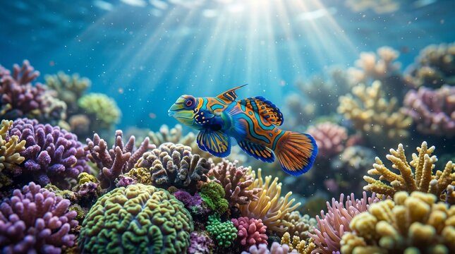 Vibrant Mandarin Fish Swimming Among Colorful Coral Reefs
