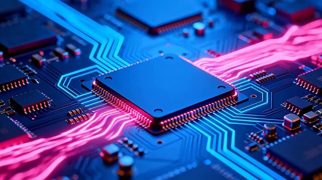 Closeup of a glowing circuit board