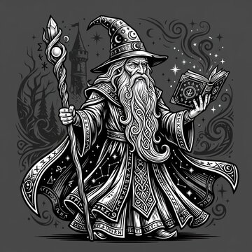 Wizard mage holding staff and magic spellbook with ornate clothing
