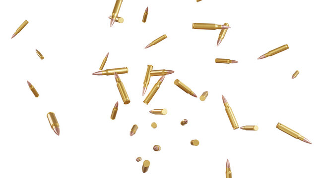 Golden Bullets Falling PNG- Realistic 3D Shiny Brass Ammunition Cartridges Falling and Scattered Isolated On Transparent Background.