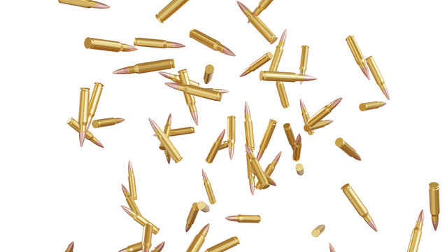 Golden Bullets Falling PNG- Realistic 3D Shiny Brass Ammunition Cartridges Falling and Scattered Isolated On Transparent Background.