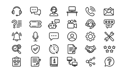 Fototapeta premium Customer Support Outline Icon Set with Help Desk Assistance and Editable Stroke Symbols Vector