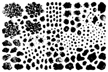 Fototapeta premium Black grunge ink splatters and abstract shapes on white background.