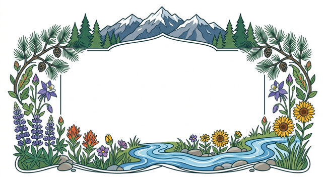 Decorative nature frame with Rocky Mountains and wildflowers celebrating a beautiful Colorado day