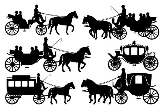 Silhouette of vintage horse-drawn carriages with riders.
