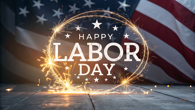 Happy Labor Day greeting text in a glowing sparkler circle with American flag background