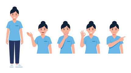 Obraz premium Nurse medical staff character poses showcasing clinical communication gestures in clean minimalist professional style for healthcare clinic marketing