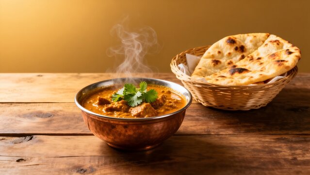Steaming curry and naan bread