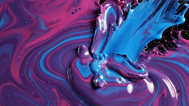 Vibrant blue paint pouring into a swirling mixture of pink and purple liquid against a black background