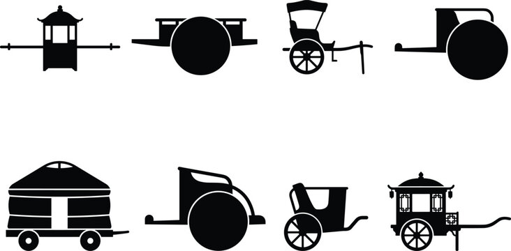 Silhouette illustration of traditional carriages and carts including sedan chair, rickshaw, and ornate wagon