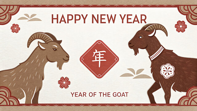 Chinese New Year celebration with two goats and traditional decorations on white background  Happy New Year greeting card transparent background
