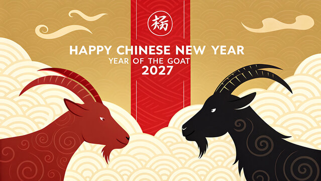 Chinese New Year celebration with goats on clouds and red banner  Year of the Goat 2027 transparent background