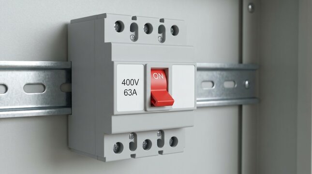 Industrial circuit breaker mounted on metal rail with red on switch
