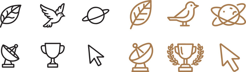 Minimalist line icon set with leaf bird planet satellite dish trophy and cursor arrow in black and brown vector design © reza