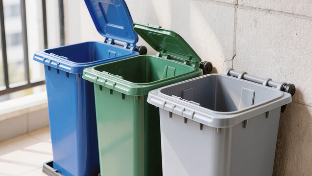 Set of colored waste bins for selective waste collection and recycling, placed on an outdoor balcony. Professional shot focusing on environmental responsibility, trash sorting, and sustainability