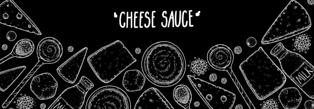 Cheese sauce ingredients engraved sketch vector set for packaging design. Hand-drawn vintage food elements kit. Elegant garlic sauce packaging frame with hand drawn illustration.