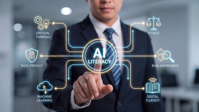 AI literacy concept for artificial intelligence education and skill development including critical thinking ethics privacy machine learning bias awareness and digital fluency for professionals