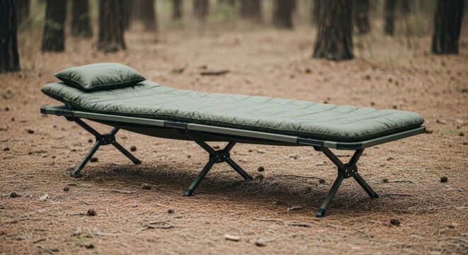 A single green camping cot opened and ready for use in a forest setting