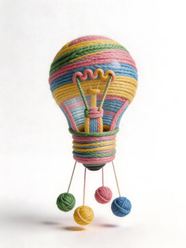 Colorful yarn hot air balloon sculpture