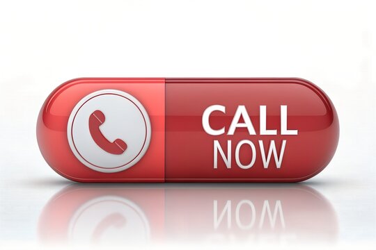 Glossy red pill shaped button featuring a white telephone icon and bold call now text isolated on a clean white background with soft reflections creating a modern digital user interface.