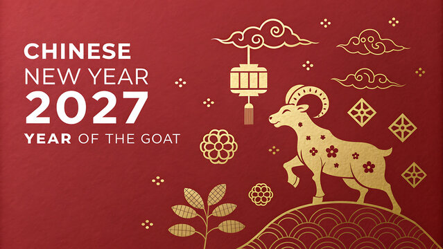 Chinese New Year 2027 Year of the Goat celebration graphic with gold illustrations on red background transparent background